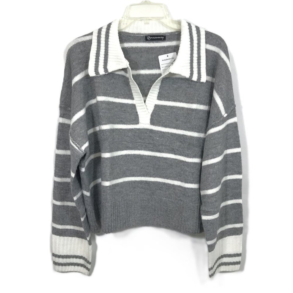 Oversize V-Neck Sweater Gray White Stripes M